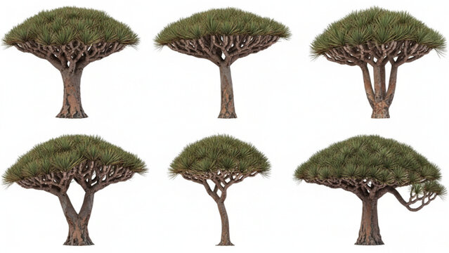 Collection of unique Dragon Blood Trees, diverse ancient flora illustrations on white