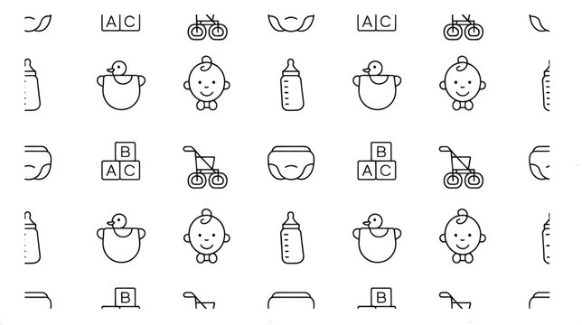 Seamless repeating pattern composed of small black and white line drawings featuring baby faces, diapers, bottles, and blocks arranged in orderly vertical and horizontal grids.