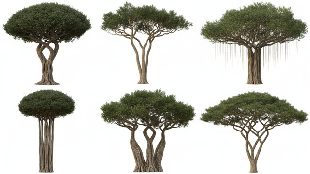 Digital concept art featuring a selection of distinct tree species and natural forms
