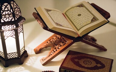 Open quran on stand with lantern