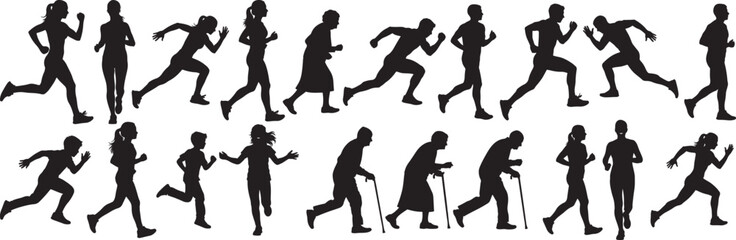 Obraz premium Silhouette Evolution of Running and Walking People of Different Ages Isolated on White Background