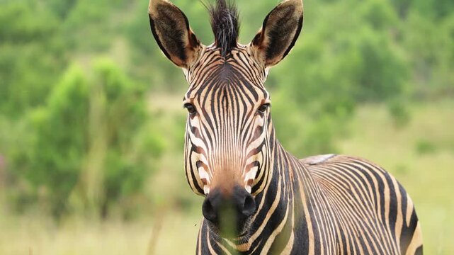 Close-up footage of a zebra grazing in the African bushveld, capturing detailed muzzle movement, grass pulling, and natural feeding behavior under golden daylight during a peaceful safari game drive.