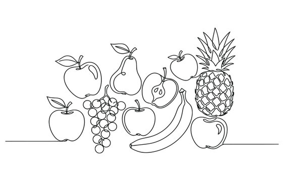 Continuous one line drawing of fresh fruits.