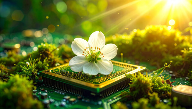 Close-Up of Green Circuit Board with Vines, Moss, and White Flower Growing from CPU Socket, Cyberpunk Solarpunk Fusion of Technology and Nature