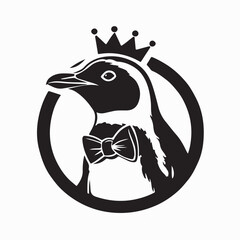 Penguin With Crown and Bow Tie Logo Vector Isolated on White Background