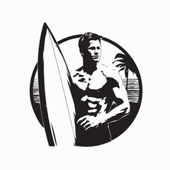 Man with Surfboard Stands in Ocean Water Silhouette Vector