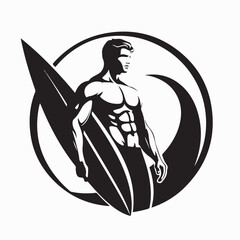 Man with Surfboard Stands in Ocean Water Silhouette Vector