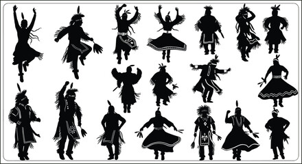 Obraz premium Traditional Native American warrior silhouettes in various ceremonial dance poses with feathered headdresses and tribal costumes for cultural heritage and historical illustration.