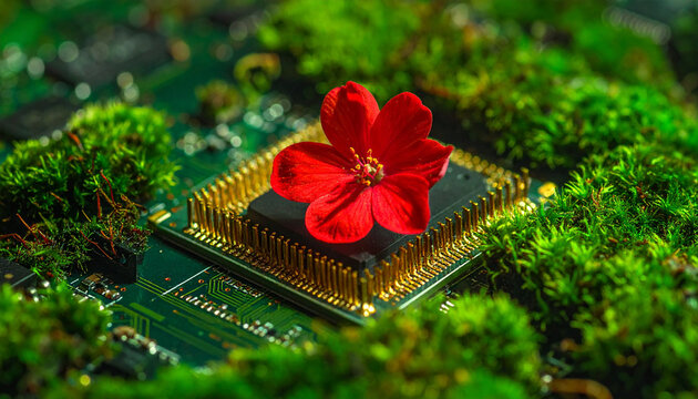 Close-Up of Green Circuit Board with Vines, Moss, and White Flower Growing from CPU Socket, Cyberpunk Solarpunk Fusion of Technology and Nature