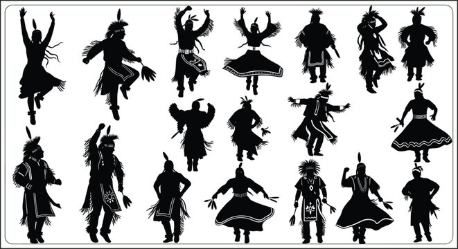 Traditional Native American warrior silhouettes in various ceremonial dance poses with feathered headdresses and tribal costumes for cultural heritage and historical illustration.