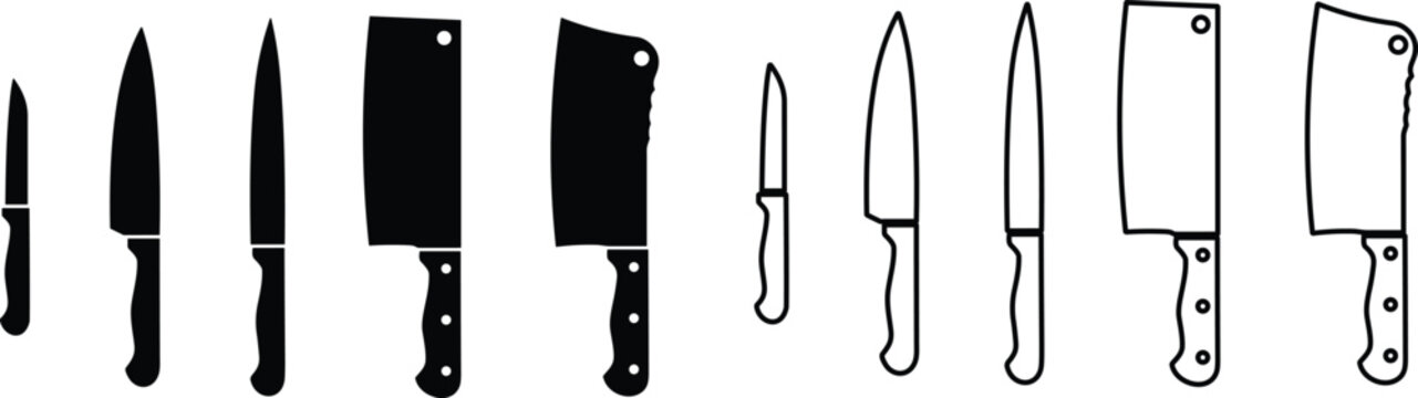 set of kitchen knife line and flat silhouette. Meat cutting knives collection. Vector illustration