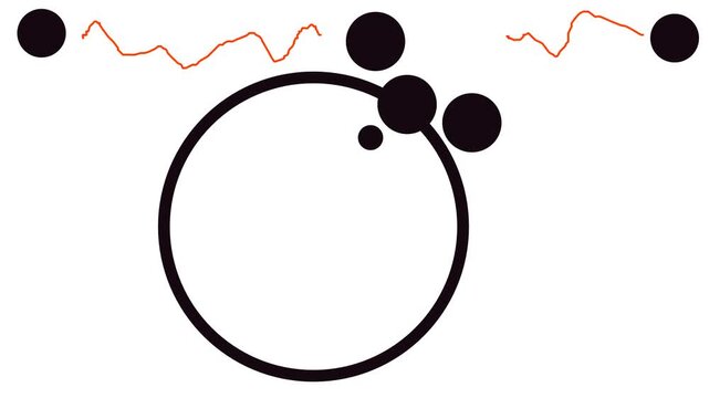 Several balls move along the edge of a circle. Two atoms, shooting lightning bolts, hang at the corners above.