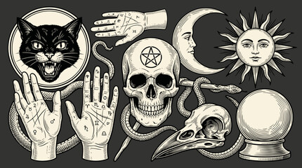 Vintage Occult Vector Collection: Skull, Pentagram, Black Cat, Palmistry Hands, Sun, Moon, and Magic Divination Symbols in Woodcut Style