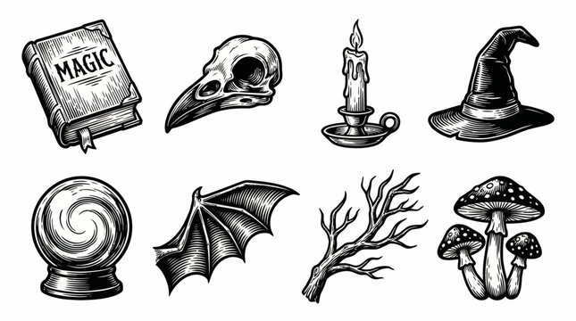 Vintage Witchcraft Icons Set: Magic Book, Bird Skull, Crystal Ball, Witch Hat, Candle. Woodcut Engraving Style Occult and Fantasy Symbols.