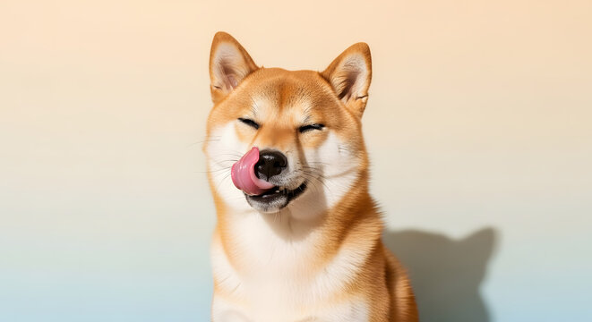 A delightful Shiba Inu dog, eyes joyfully closed, playfully licks its nose, expressing pure canine happiness and a sweet, contented mood on a soft gradient background