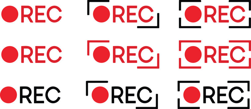 Recording sign icon set. Red logo camera video recording symbol collection, rec icon group