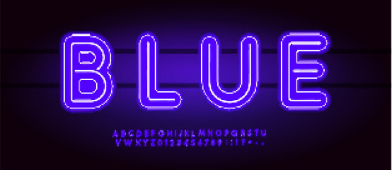 Fototapeta premium Blue Neon Font Logo Alphabet Vector English Letters Set Modern Typography, Creative Typographic Design for Title Text, Typo Poster Headline, Type Symbol Logotype, Sans Serif Fonts. Vector Typeface