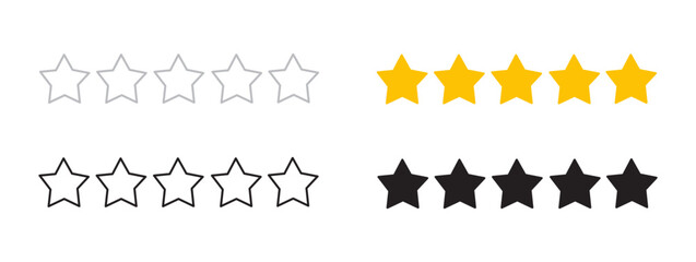 Obraz premium 5 stars review template. Five stars ranking sample illustration. Feedback symbol with transparent stars in four styles. Quality rate sign with transparent, outline, black and gold 5 star icon set