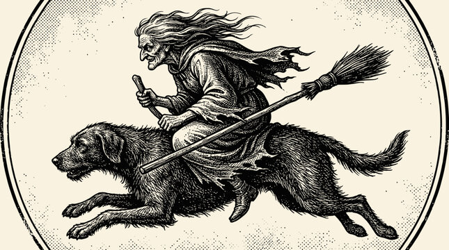Halloween Witch Riding a Giant Dog Woodcut. Vintage Engraving Style Horror Illustration of an Old Hag on a Mythological Beast.