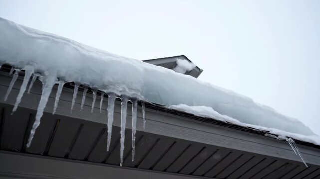 Large icicles hanging from house roof with thick snow. Winter ice dam and roof maintenance concept. Residential exterior in freezing weather