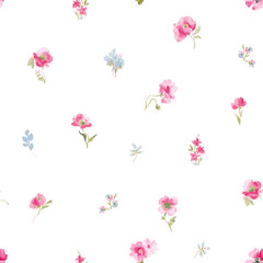 Obraz premium Delicate watercolor seamless pattern with small pink and blue flowers on white background. Light botanical design perfect for wedding stationery, invitations, fabric, wrapping paper, baby products