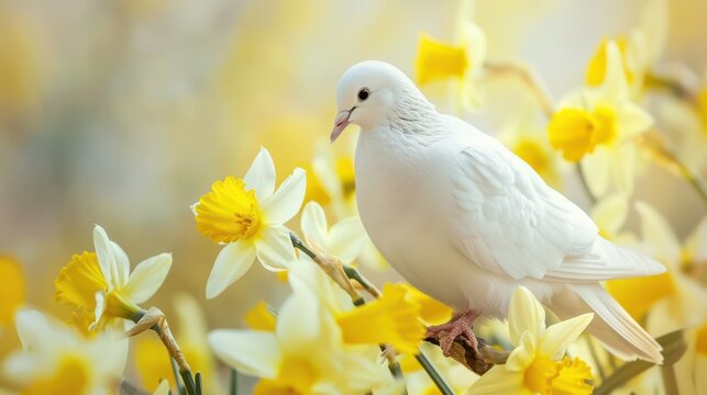 Elegant white dove among vibrant yellow daffodils for saint david's day celebration. Horizontal banner. Copy space. Template for first communion, baptism, wedding invitation, card