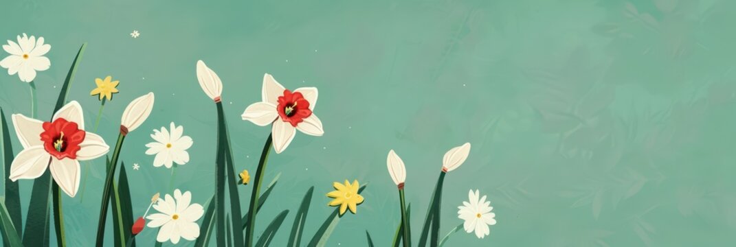 Saint david's day celebration with daffodils and flowers design for cards or posters. Horizontal banner. Copy space. Flat illustration. Spring postcard