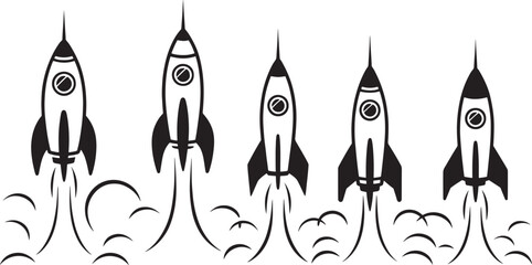 Fototapeta premium Five black and white retro style rockets ascending simultaneously leaving trails of exhaust smoke against a plain background for graphic use.