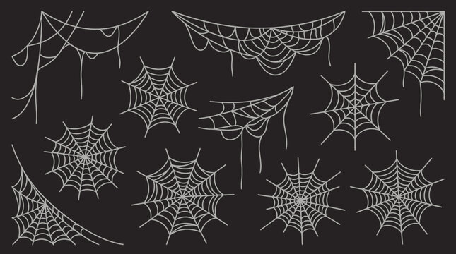 Hand-drawn Cobweb and Spider Web Vector Set. White Outline Halloween Decoration Bundle on Black Background.