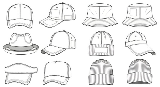 Collection of assorted headwear including baseball caps, bucket hats, and beanies
