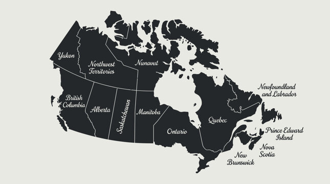 Detailed Black & White Political Map of Canada, Labeled Provinces and Territories (BC, Ontario, Quebec, Yukon, Nunavut)