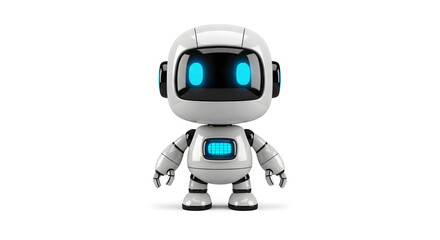 Friendly futuristic robot mascot with glowing blue face and smooth 3D design