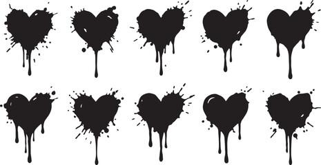 Dripping paint heart silhouettes set with ink splashes and liquid spray effects vector illustration for edgy romantic or grunge street art design style © ShorifaBegum