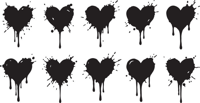 Dripping paint heart silhouettes set with ink splashes and liquid spray effects vector illustration for edgy romantic or grunge street art design style