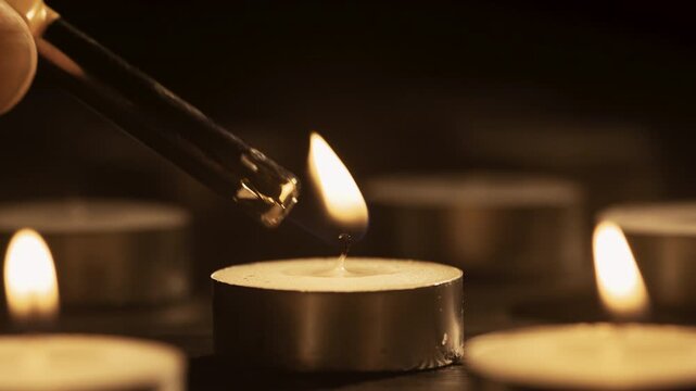 Many burning candles in the dark. Memorial day. Funeral candles.