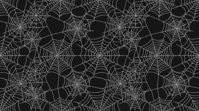 White Spider Web Seamless Pattern on Black Background. Spooky Halloween Vector Texture and Creepy Wallpaper Design.