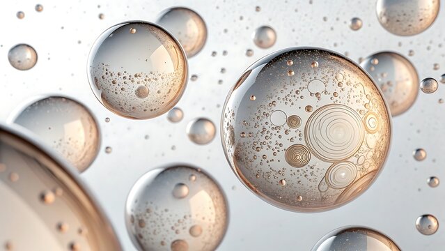Many transparent spheres or bubbles floating in a bright, clean, abstract environment