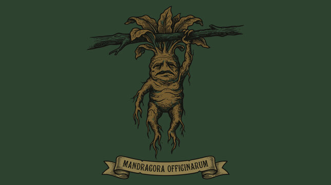Mandrake Root Engraving, Mandragora Officinarum Hanging from a Branch. Vintage Botanical Illustration, Occult Herbology and Witchcraft Art on Dark Background.
