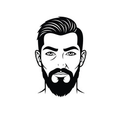 Bearded Man Face Black and White Vector Illustration, Masculine Portrait Logo Style