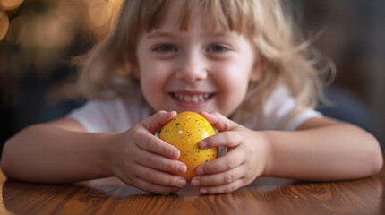 Smiling child holds bright yellow spotted egg with both hands. A smiling child holds vibrant yellow egg with colorful spots on wooden table surface.