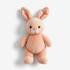 A soft peach plush bunny with large ears and black eyes. It has a pink nose, white mouth area, and sits against a plain white background.