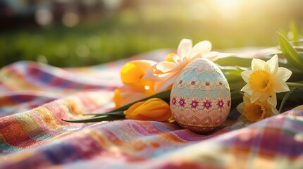 Decorated egg and daffodils rest on a colorful plaid blanket in sunlight. Sunlight enhances the colorful scene with green background and vibrant flowers on patterned cloth.