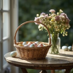 Wicker basket filled with pastel eggs on wooden table near window. A delicate floral arrangement in the glass vase complements egg basket and table scene.