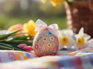 Floral egg adorned with pink bow on vibrant patterned cloth. Yellow daffodils and soft green backdrop create a warm spring scene around the egg.