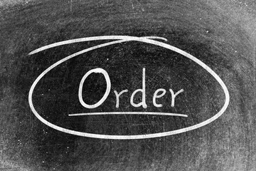 White chalk hand writing in word order and circle shape on blackboard background