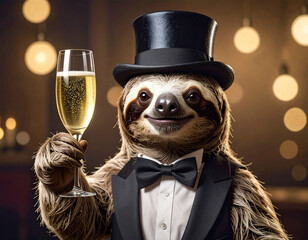 Ein fröhliches Faultier mit Zylinder und Fliege hebt ein Champagnerglas zum Feiern