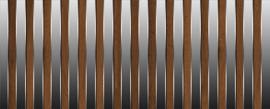 Dark brown wood grain background with interlocking brushed silver metallic curved bands abstract metal background