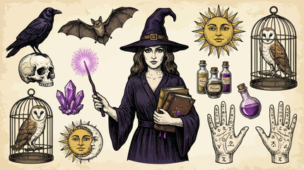 Vintage Witchcraft Elements Set. Beautiful Sorceress, Magic Wand, Raven, Owl, Skull, Potions, and Palmistry Symbols.