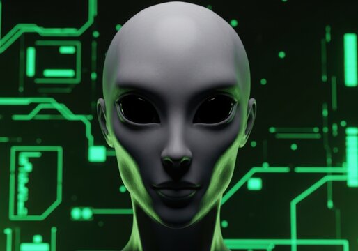 Closeup of a futuristic alien face with glowing green eyes and digital circuit patterns in the background
