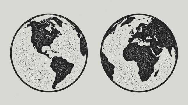 Distressed Grunge Globes Map: Black and White Textured Illustration of Western and Eastern Hemispheres on Rough Paper.